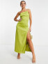 Фото #1 товара Extro & Vert one shoulder maxi dress with split in olive satin