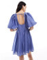 ASOS DESIGN square neck lace insert mini dress with puff sleeves in blue