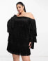 ASOS LUXE Curve bardot fringe mini dress in black Черный, EU 58 - фото #4