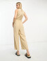 Vero Moda Tall linen touch tie back jumpsuit with pleat front wide leg in beige