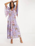 Фото #3 товара ASOS DESIGN satin flutter sleeve v-neck maxi dress with tier hem in lilac paisley print