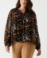 ფოტო #1 პროდუქტის Plus Size Animal Print Smocked Split Neck Long Sleeve Blouse