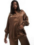 In The Style long sleeve satin shirt co-ord in chocolate 34 - фото #1