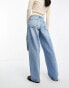 Mango low rise relaxed jeans with rips in mid blue