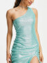 Фото #7 товара Simmi Petite Summer sequin embellished one shoulder midi dress with thigh split in turquoise