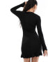 ASOS DESIGN long sleeve lettuce edge ruffle mini dress with keyhole detail in black