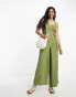 Miss Selfridge belted sweetheart neck wide leg jumpsuit in khaki Зеленый, 44 - фото #1