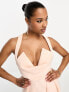 ASOS DESIGN Petite halter v neck premium maxi dress with exaggerated outer skirt in peach pink