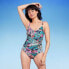 Women's UPF 50 Shirred V-Neck One Piece Swimsuit - Aqua Green Multi Tropical