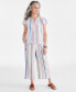 ფოტო #4 პროდუქტის Petite Linen-Blend Sandy Stripe Flutter Sleeve Button Front Top, Created for Macy's