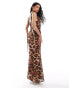 ASOS DESIGN mesh cowl neck softline midi dress with waterfall ruffle strap detail in animal print