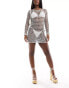 In The Style metallic crochet long sleeve scoop back mini beach dress in silver