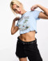 Noisy May lettuce edge cropped t-shirt with beach print in light blue