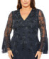 Women's Plus Size V Neck Embellished Flutter Tiered Long Sleeve Gown