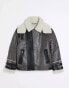 River Island crackle faux shearling aviator jacket in grey Серый, XL - фото #8