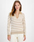 Фото #1 товара Women's Striped Johnny Collar Long-Sleeve Sweater