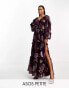 Фото #2 товара ASOS DESIGN Petite plunge pintuck maxi dress with cut out and frills in oxblood metallic floral jacquard