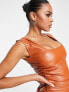 Fashionkilla leather look ruched side top co-ord in rust