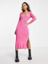 Фото #1 товара Stradivarius square neck knitted midi dress in hot pink