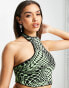 Motel knitted halter neck crop top in green warped polka co-ord