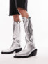 Topshop Rose premium leather western knee high boots in silver