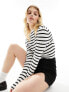 Morgan stripe high neck ribbed long sleeve top in black and white stripe