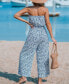 Women's Blue Floral Swirl Tube Top Wide Leg Jumpsuit