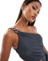 ASOS DESIGN textured one shoulder midi dress with silver chain in charcoal Черный, 46 - фото #3