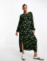 JDY puff sleeve midi dress in black and green floral