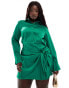 In The Style Plus x Perrie Sian exclusive satin wrap tie side mini shirt dress in green