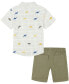 ფოტო #2 პროდუქტის Little Boys Short Sleeve Printed Check Slub Button Front and Twill Shorts, 2 Piece Set