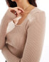 YAS asymmetric neck long sleeve knitted top in beige - BEIGE