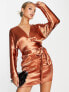 Фото #3 товара ASOS DESIGN batwing sleeve mini dress in satin with wrap waist in terracotta