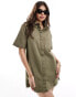 ASOS DESIGN denim short sleeve shirt dress in khaki wash Зеленый, S - EU 36-38 - фото #2