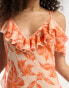 Фото #3 товара ASOS DESIGN sheer ruffle shoulder asymmetric hem maxi dress in orange floral jacquard