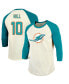 Фото #1 товара Men's Threads Tyreek Hill Cream, Aqua Miami Dolphins Name & Number Raglan 3/4 Sleeve T-shirt