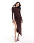 Pull&Bear polyamide sculpt maxi dress with leg split in chocolate brown