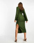 Фото #4 товара ASOS DESIGN flute sleeve collared wrap midi dress with gathers in dark green