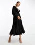 ASOS DESIGN wrap balloon sleeve midi dress with tie waist detail in black