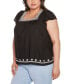 ფოტო #3 პროდუქტის Black Label Plus Size Boho Embroidered Square Neck Top