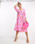 Y.A.S ruched side midi dress in pink floral print Rosa gemustert, XS - фото #1