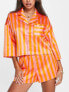 Фото #1 товара Monki satin shorts pyjama set in pink and orange stripe
