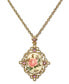 Gold Tone Ivory Color Floral Decal Crystal Accent Pendant 16" Adjustable Necklace