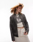 Topshop – Bikerjacke aus schwarzem Echtleder mit Rennsport-Design und Streifendetail