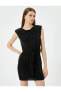 Parıltılı Mini Vatkalı Elbise Kolsuz Düğüm Detaylı Yuvarlak Yaka Astarlı Slim Fit