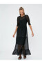 Фото #3 товара A Kesim Elbise Uzun Transparan Detaylı İşlemeli Balon Kollu