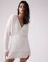 Фото #6 товара ASOS DESIGN batwing embellished drip bead wrap mini dress in white