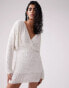 ASOS DESIGN batwing embellished drip bead wrap mini dress in white