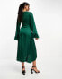 Фото #2 товара TFNC satin midi wrap dress with faux feather cuffs in emerald green