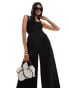 & Other Stories linen blend wide leg jumpsuit with ruche bodice detail and square neckline in black